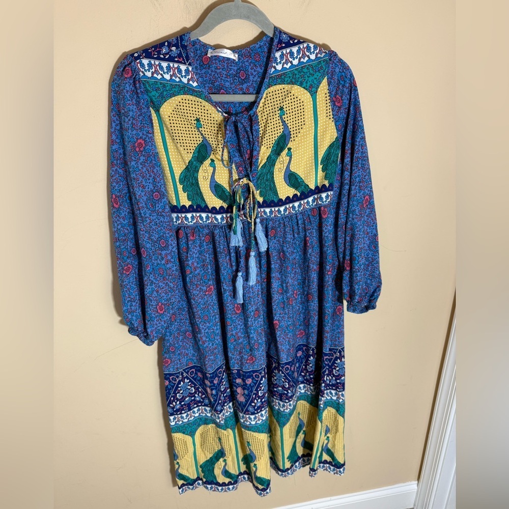R. Vivimos Blue Floral Peacock Boho Long Sleeved Maxi Dress Size M